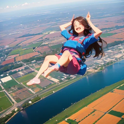 floating in the air, skydiving, 10 meters high, field of flowers, smile politely, long hair, young girl