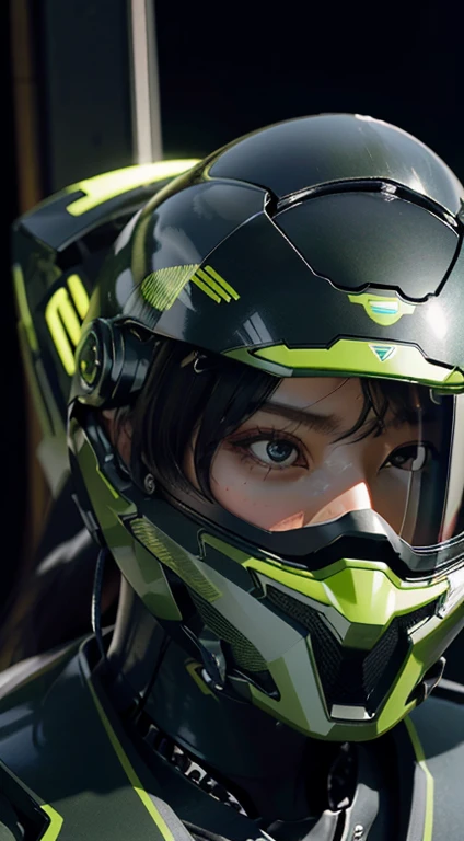 Best image quality, Great details, Ultra-high resolution, (reality: 1.4), Best illustrations, Offer details, One concentrated girl, has a delicate and beautiful face, Wearing a black and green mech, Wearing a mecha helmet, Preserve Orientation, Riding on m...