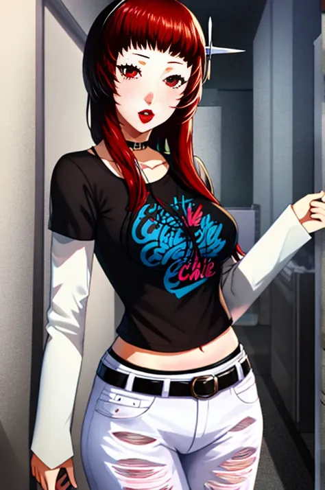 chidori yoshino, 1girl, solo, black t-shirt, white shirt, blue jeans, belt, lipstick, large breasts,