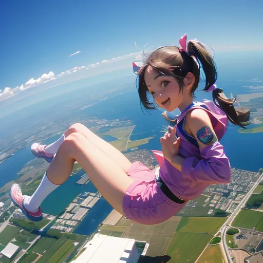 floating in the air, skydiving, 10 meters high, outdoors, smile politely, twin tails, revealing clothes, young girl