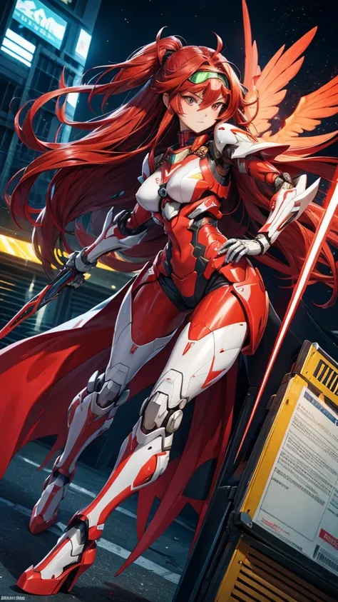 Female mecha with long straight red hair,Female robot,goggles , Sci-fi fluorescent armor, Chest,mechanical joint，wing，thigh， High heel, sci-fi sword，City