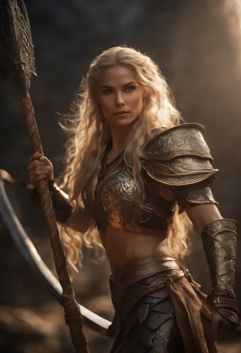 Dungeon Maiden & dragon, long braid blonde hair, Couro de whole body e armadura de pele sem metal, Grab the spear, Big muscles,Her chest is spilling out of her huge armor、Glamour、 down, Realistic and highly detailed rendering style,Dungeons＆Dragons, 8k, Fi...