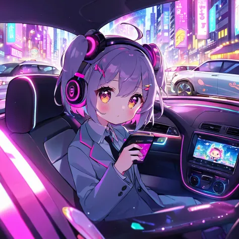 A girl, young, 20 years old, counterfeit xl, cartoon, cute, on the street, in the car, wearing sweat suits, listening to music, headphones, lights on, city, beautiful, futuristic, colorful, magical 