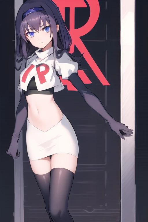 uidef, violet blue eyes,headband,team rocket,team rocket uniform,white skirt,red letter r,crop top,black thigh-highs,black elbow...