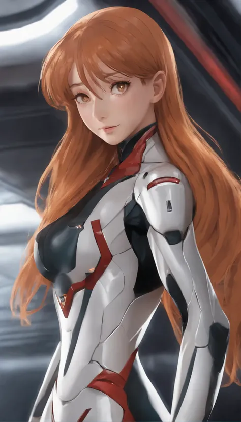 with high definition images，Anime Images，　Anime girl standing alone in a Neon Genesis Evangelion scene、Introducing 19-year-old Asuka Langley。Short, stylish bangs frame her detailed hazel brown eyes.、Wears a high-definition red armored costume featuring the...