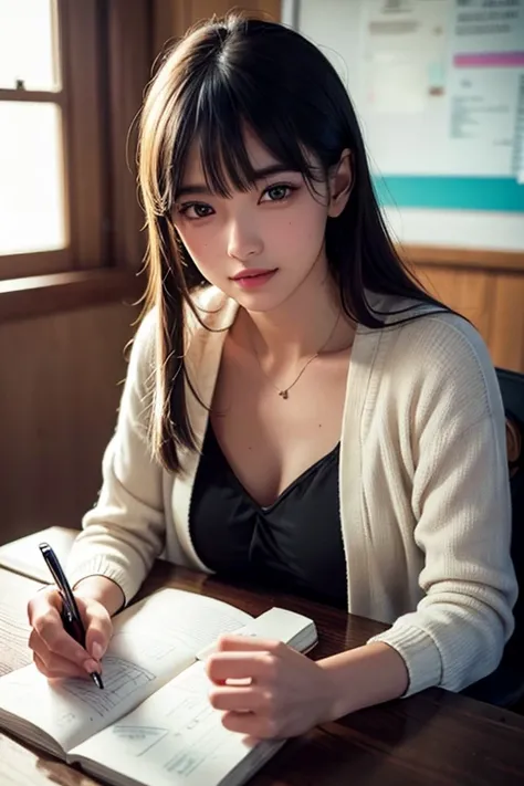 a young girl sitting at a desk in a classroom, writing in a notebook, girl wearing gold metallic small bikini swimsuit, looking at the notebook, beautiful detailed eyes, beautiful detailed lips, extremely detailed face, long eyelashes, school supplies, war...