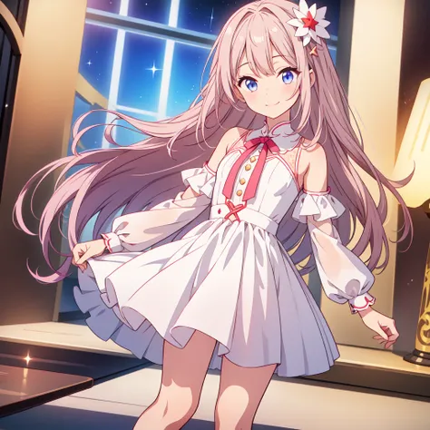 1girl、Star Fairy、vtuber-fullbody、depth of field、highest quality、Masterpiece、Official Art、Award-winning works、Super detailed、Handsome face、Short bangs above eyebrowilky white straight long hair、Super detailedな青い目、Standing in front of the viewer、Face close-u...