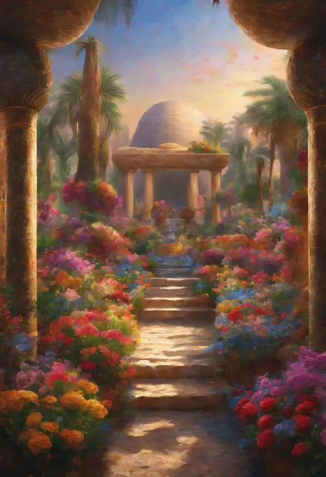 Egyptian Garden，Peaceful and relaxing atmosphere，Healing，Colorful flowers，Expression of abundance，Gentle light，Highest．