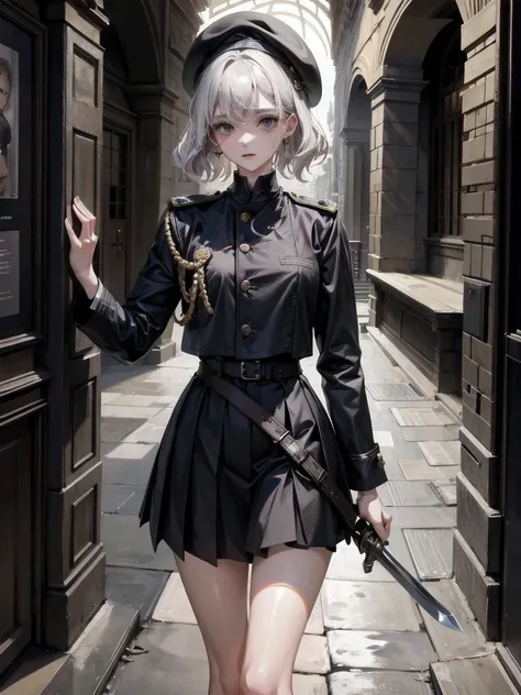 whole body, beret, skirt, uniform, holding a sword, (at night), (in Forgotten Place), absurdres, RAW photo, extremely delicate and beautiful, masterpiece, Best Quality, ultra high resolution, 32k, hyperrealistic, ultra-detailed, perfect figure, perfect sha...