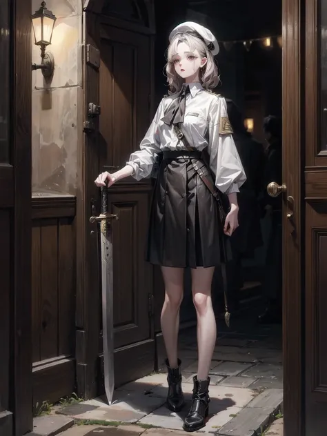 whole body, beret, skirt, military uniform, holding a sword, (at night), (in Forgotten Place), absurdres, RAW photo, extremely delicate and beautiful, masterpiece, Best Quality, ultra high resolution, 32k, hyperrealistic, ultra-detailed, perfect figure, pe...