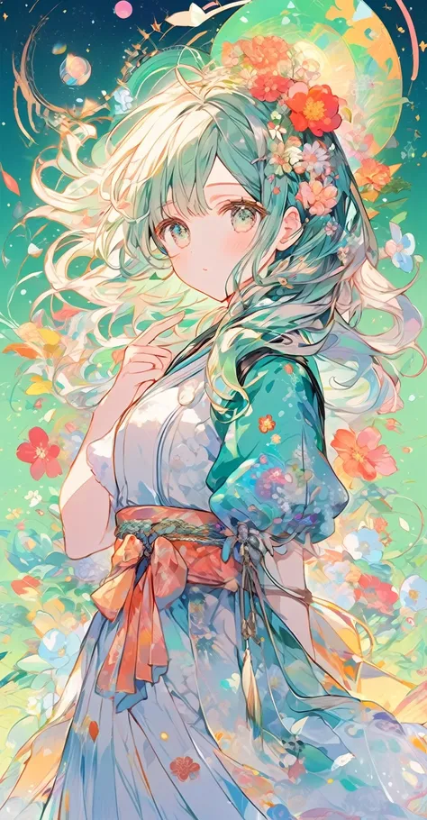 Flowers in hair、Anime girl with green background, Anime Style 4k, Official artwork, Dreamy psychedelic anime, anime abstract art, Beautiful anime artwork, Anime Moe Art Style, Anime Graphic Illustration, anime art wallpaper 4k, anime art wallpaper 4k, Beau...