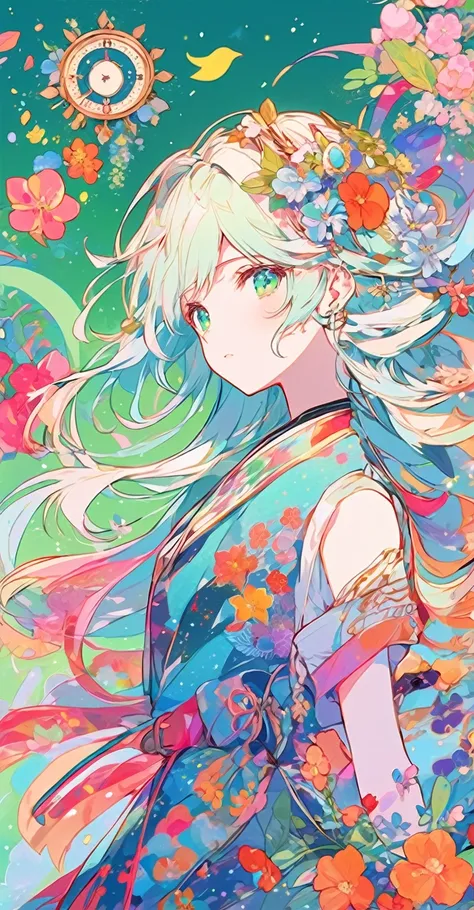 Flowers in hair、Anime girl with green background, Anime Style 4k, Official artwork, Dreamy psychedelic anime, anime abstract art, Beautiful anime artwork, Anime Moe Art Style, Anime Graphic Illustration, anime art wallpaper 4k, anime art wallpaper 4k, Beau...