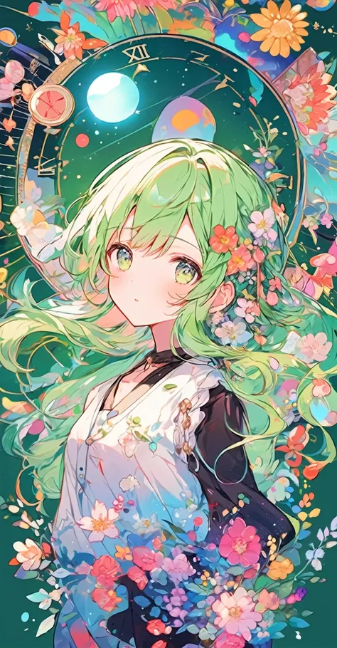 Flowers in hair、Anime girl with green background, Anime Style 4k, Official artwork, Dreamy psychedelic anime, anime abstract art, Beautiful anime artwork, Anime Moe Art Style, Anime Graphic Illustration, anime art wallpaper 4k, anime art wallpaper 4k, Beau...