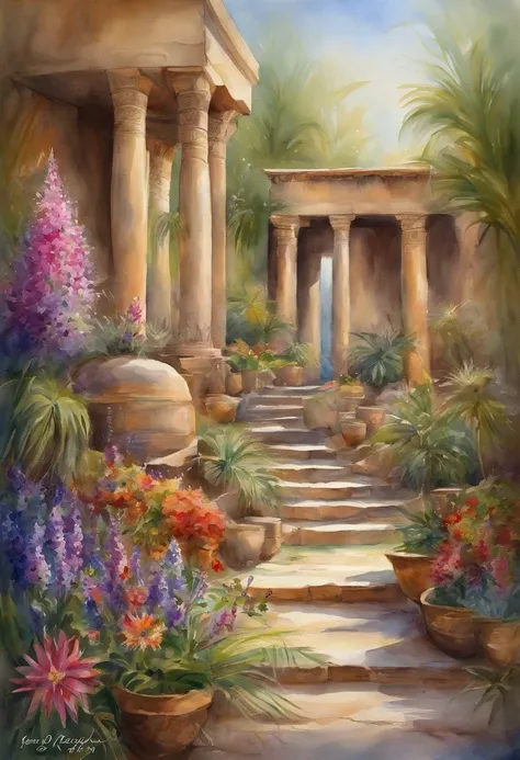 Egyptian Garden，squirt，Peaceful and relaxing atmosphere，Healing，Colorful flowers，Expression of abundance，Gentle light，Highest．