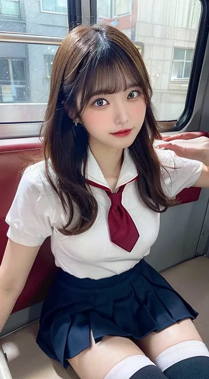 top-quality,ultra-detailliert,​masterpiece,realisitic,Photo Real,Bright lighting,1 girl in, an extremely beautiful 17-year-old girl, (kawaii:1.2),Thin smile, (Brown eyes),(brown haired),(bangss),perfect glossy skin,flawless skin,((erotick,Sexy and sexually...