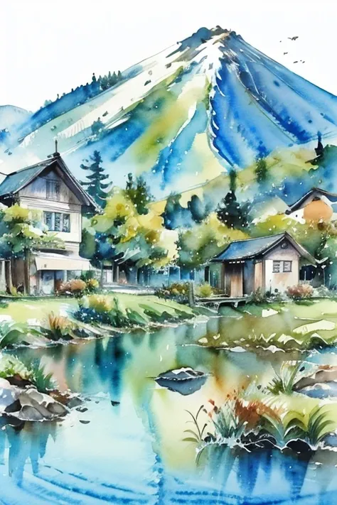 Watercolor Landscape, Scenery of the Japanese countryside,