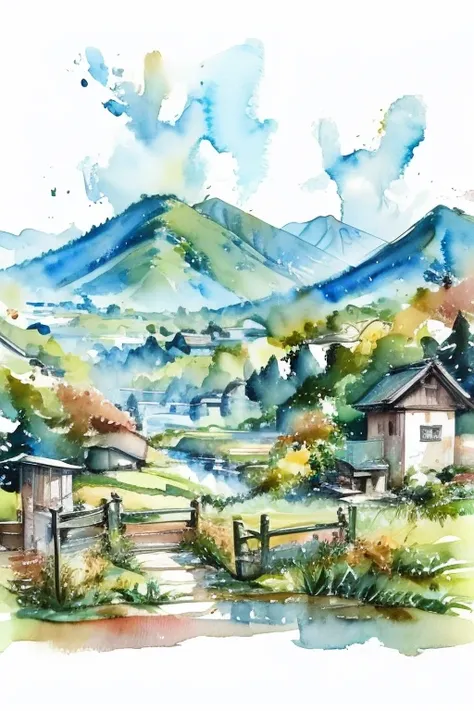 Watercolor Landscape, Scenery of the Japanese countryside,