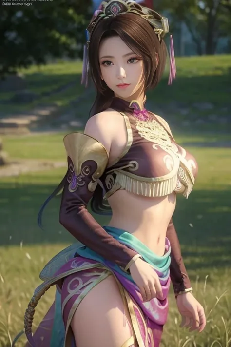 diao chan from romance of the three kingdoms,masterpiece、field,grass area,beautiful girl、fine eyes、puffy eyes、too big breasts、cu...