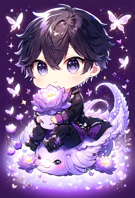 absurdres, highres, ultra detailed, HDR, master piece, best quality, Hibari Kyoya chibi, black hair, expressive gray eyes, katekyo hitman reborn!, cute, hugging a purple dragon, black jacket, purple shirt, patterns, magical, fantasy, purple background, pur...