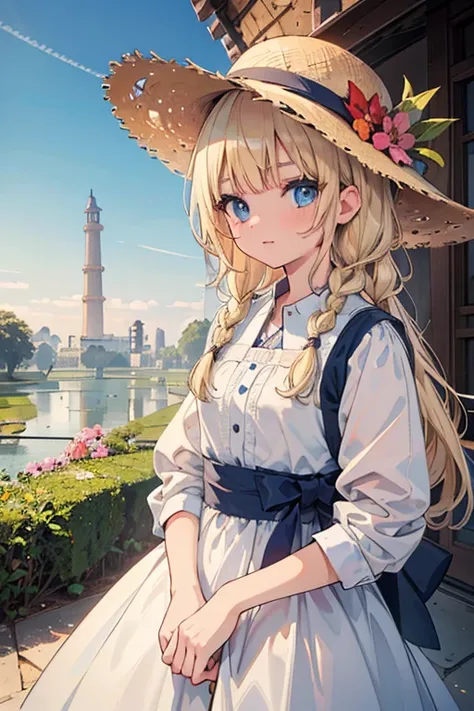 masterpiece, highest quality, 16k、High resolution, Cowboy Shot、Detailed face、1 7-year-old girl、blue eyes、blonde、Braiding、White Dress、Straw hat、India、In front of the Taj Mahal