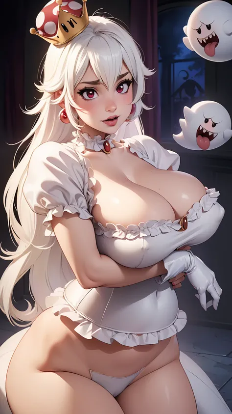 ((masterpiece)), ((best quality)), (detailed), perfect, solo, boosette, gorgeous girl, luscious lips, white hair, (((gigantic breasts))), (((in a haunted mansion))), (((White corset))), (((boo ghosts super mario))), (((Boosette hugging a Boo ghost)))