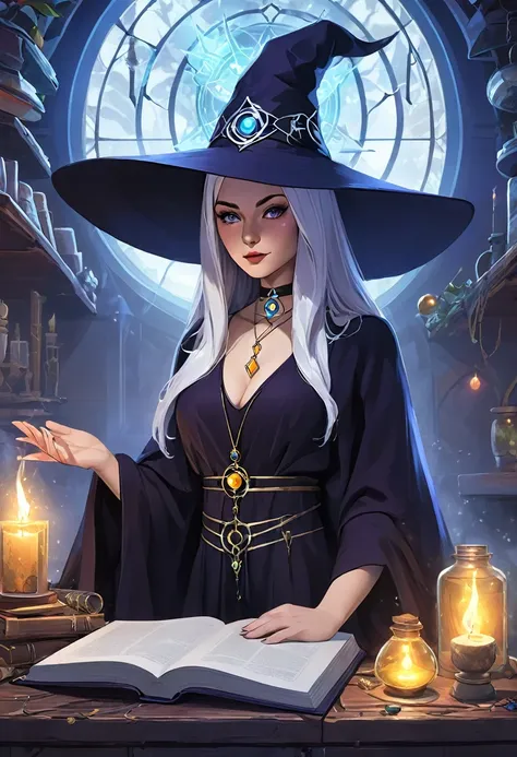 depicts a modern-day witch who has embraced the world of cybernetics to enhance her magical abilities. The artwork should convey the enchanting blend of traditional witchcraft and futuristic technology. Here are some specific elements to include: The Witch...