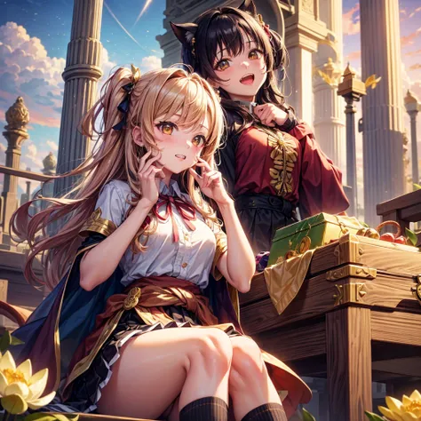 Pink gold golden hair、Golden Eyes、Braid、One good looking girl、solo、anime、Checkered mini skirt、Ruffles on the skirt、Red T-shirt、Cape、Gothic、Black knee-high socks、bandana、Wearing a ribbon、Ribbon on waist、Tilting face、Teeth are visible、Sunset sky、Piercing the...