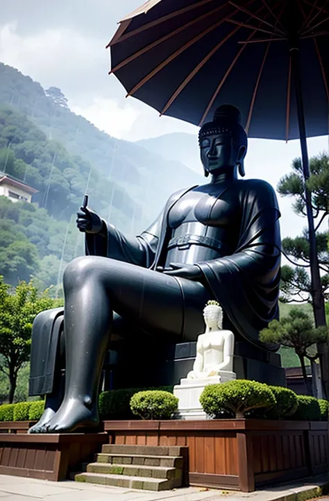 The Great Buddha of Kamakura and the Great Kannon of Ofuna sheltering from the rain with umbrellas