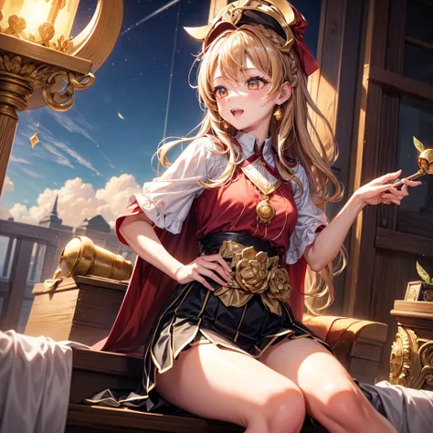 Pink gold golden hair、Golden Eyes、Braid、One good looking girl、solo、anime、Checkered mini skirt、Ruffles on the skirt、Red T-shirt、Cape、Gothic、Black knee-high socks、bandana、Wearing a ribbon、Ribbon on waist、Tilting face、Teeth are visible、Sunset sky、Piercing the...