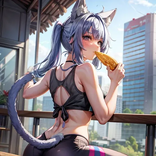 A blue-haired woman wearing a tank top and leggings is eating a tlayuda at a taco stand.　　　　With side slits　Big Ass　Spread your legs　　Cat ear　tail　Small breasts