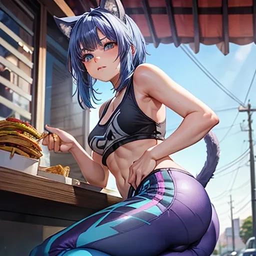 A blue-haired woman wearing a tank top and leggings is eating a tlayuda at a taco stand.　　　　With side slits　Big Ass　Spread your legs　　Cat ear　tail　Small breasts