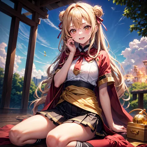 Pink gold golden hair、Golden Eyes、Braid、One good looking girl、solo、anime、Checkered mini skirt、Ruffles on the skirt、Red T-shirt、Cape、Gothic、Black knee-high socks、bandana、Wearing a ribbon、Ribbon on waist、Tilting face、Teeth are visible、Sunset sky、Piercing the...