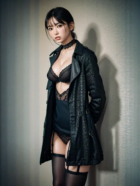 (41k4:1), (aika-sawaguchi:0.65), masterpiece, Best Quality, 8K, Raw photo, (wearing trench coat:1.7), (wearing black lace lingerie:1.7), top-notch quality, masterpiece, (arms behind back:1.3), (wearing black stockings:1.4), (wearing black lace choker:1.2),...