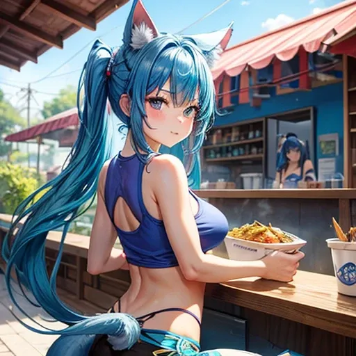 A blue-haired woman wearing a tank top and leggings is eating a tlayuda at a taco stand.　　　　With side slits　Big Ass　Spread your legs　　Cat ear　tail　Small breasts