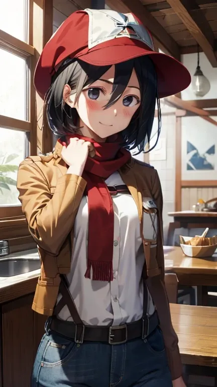 mikasa Ackerman,White T-shirt,Blue jacket,Jeans pants,Red scarf,Blue safari hat holding drinking water,Smiling expression,Blushing,