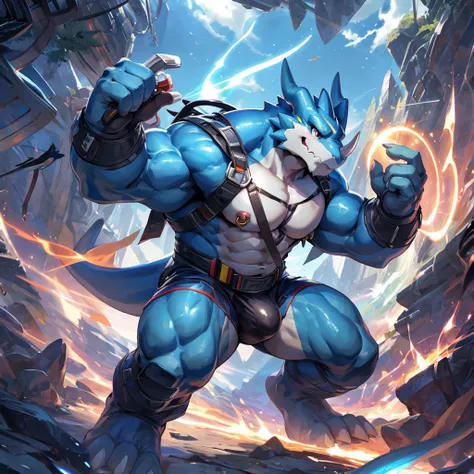 masterpiece,high quality,anime,detailed eyes, male exveemon, Great physique,strong arms manly, in the Digital World, Exploring the Internet, Internet World, Scientist suit, Adventure, (Rainbow Spark), Shimmering Magic crystal, Thinking, by null-ghost,by pi...