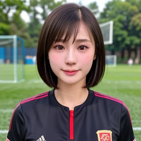 (kawaii 24 year-old Japanese girl, Nogizaka idol, Korean idol, soccer player), healthy female athlete body, (glossy black hair, very short hair, bangs:1.3), beautiful black eyes, rounded face, single eyelid, (no makeup:1.2), (soft smiling:1.2), (soccer uni...