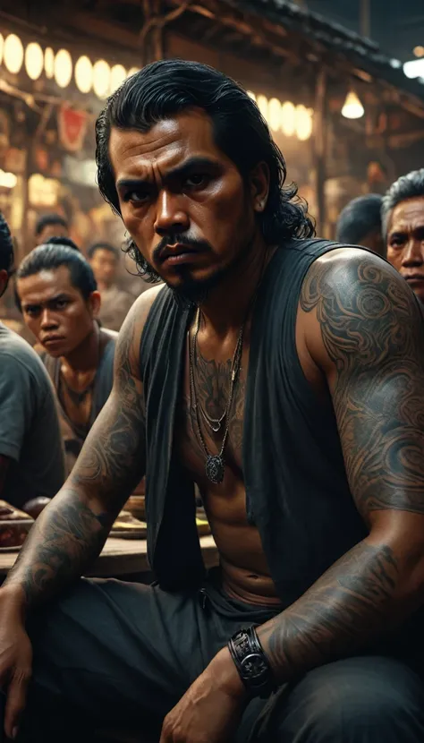 a group of menacing looking indonesian thugs with tattoos, sitting in the market, terminal, digital uhd (64k) image, cinematic f...