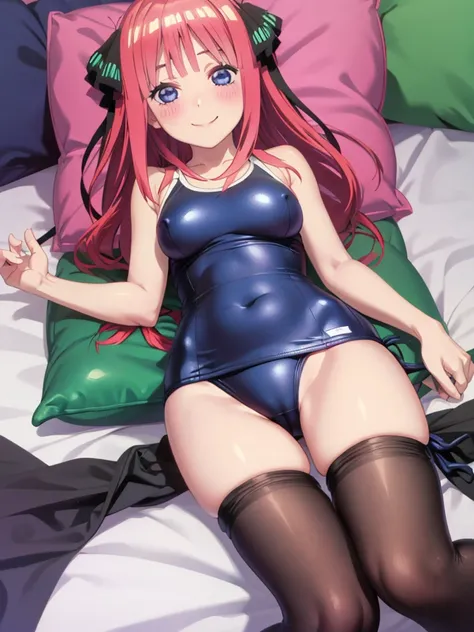 best quality, ultra-detailed masterpiece, nino nakano, one-piece swimsuit, breasts, pantyhose, blush, smile, cushion, bed room