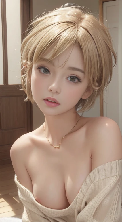 (Masseter muscle area:1.3)、(8k、Photorealistic、Raw photo、highest quality: 1.4)、(One Girl)、Beautiful Face、(A vivid face)、(Light beige mixed hair、short hair:1.3)、(Big Breasts)、Off-the-shoulder sweater、Stands out 、Vagina is visible、((sexy))、Beanie、necklace、(Na...