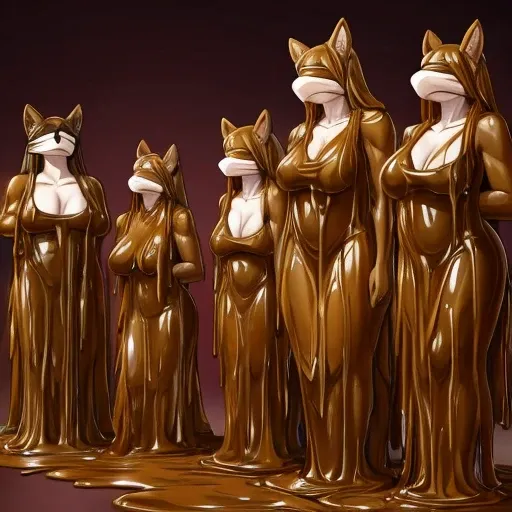 4 woman furries covered in brown slime, blindfolds