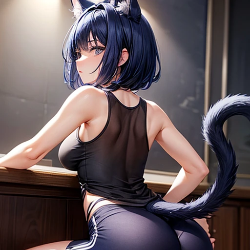 A woman with dark blue hair wearing a tank top and leggings　　　　With side slits　Big Ass　Spread your legs　　Cat ear　tail　Small breasts