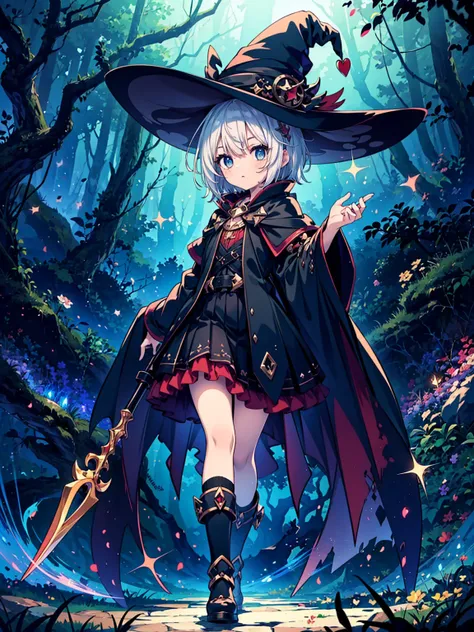 (masterpiece), highest quality, Very detailed, A Magus girl with white hair holdding a magical Sickle, Witch Hat, Giant horns, Frilled short skirt, Red and black outfit, Sickle, magic lights, The background is a dark forest