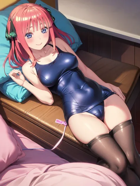 best quality, ultra-detailed masterpiece, nino nakano, one-piece swimsuit, breasts, pantyhose, blush, smile, cushion, bed room