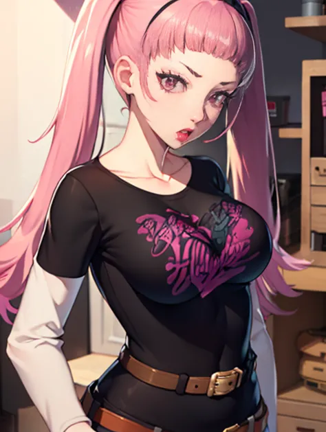 hilda valentine goneril ,pink hair, twintails, 1girl, solo, standing, black t-shirt, white shirt, jeans, belt, lipstick, large b...