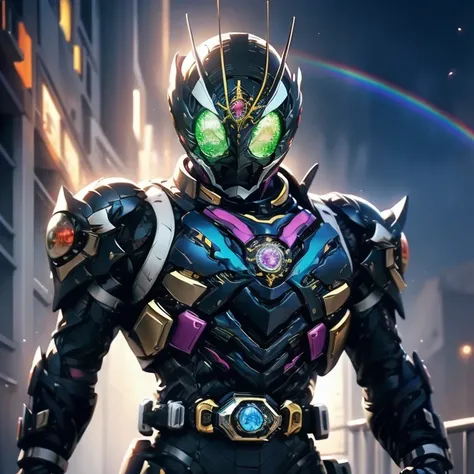 Kamen Rider, blue armor, sun symbol, rainbow on armor, multicolored energy, highly detailed, 8k, photorealistic, dramatic lighting, hyper-detailed, intricate design, complex pattern, metallic finish, glowing elements, dynamic pose, cinematic angle