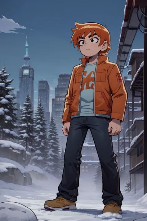 a boy, scott pilgrim, orange hair, shirt, jacket, thick eyebrows, mature canada, standing alone in the snow looking at the camer...