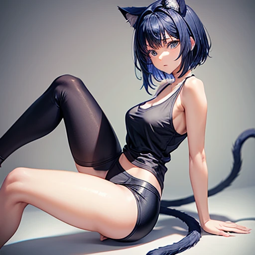 A woman with cat ears and a tail, dark blue hair, and small breasts wearing a tank top and leggings.　　　　With side slits　Big Ass　Spread your legs　