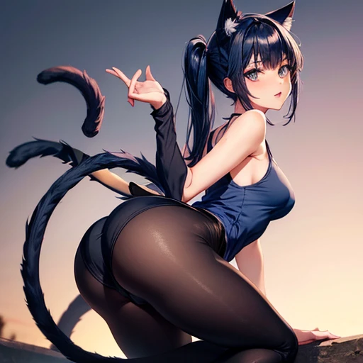 A woman with cat ears and a tail, dark blue hair, and small breasts wearing a tank top and leggings.　　　　With side slits　Big Ass　Spread your legs　