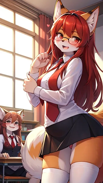 best quality,best resolution,(fluffy anthro furry :1.6),fox girl,red long hair,curvy hair,classroom,light and shadow,(white shirt),((2 chicas, duo, anthro furry :1.6 cat)),sleeveless,red necktie,black skirt,white stocking,glasses,flower hairpin,looking at ...